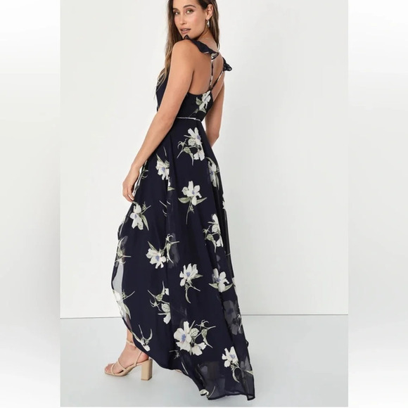 Lulu’s All Mine Navy Floral Print High Low Wrap Dress Womens Size Medium - Picture 2 of 14
